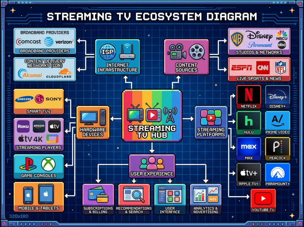 Diagram illustrating streaming TV ecosystem including providers, devices, platforms, and user experience
