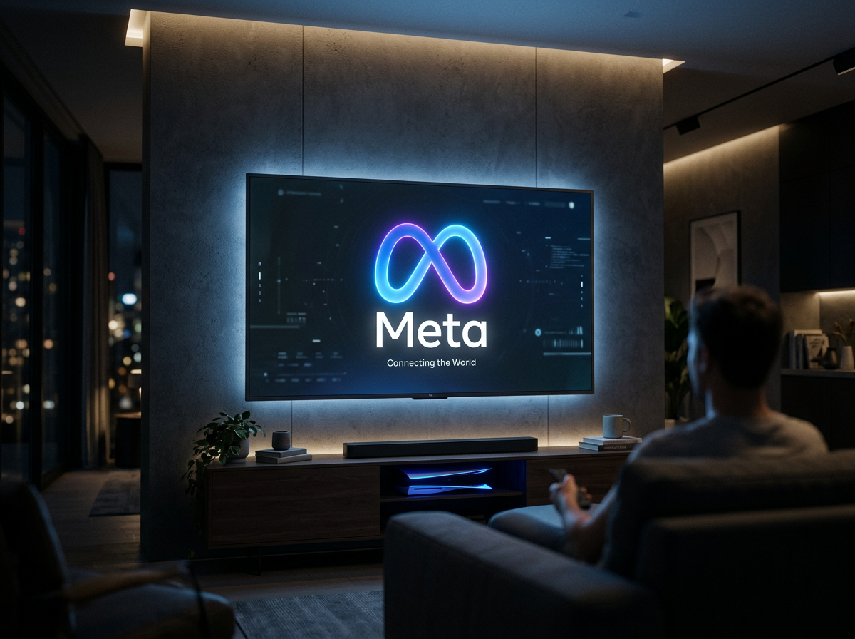 Living room with wall-mounted TV showing the Meta logo and slogan Connecting the World
