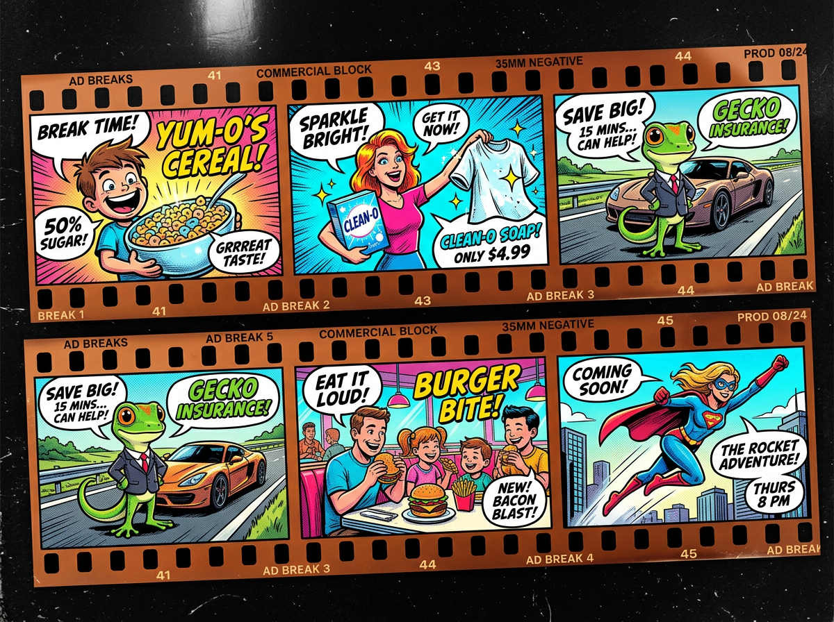 Comic strip panels featuring cereal, soap, insurance with a gecko, burgers, and a superhero TV show.