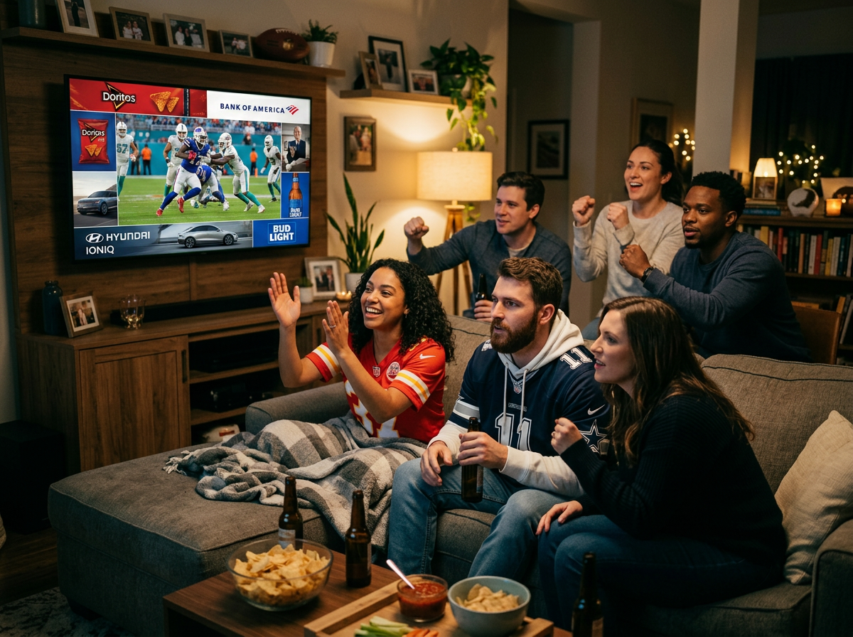 Six friends watching a football game on TV, cheering and clapping
