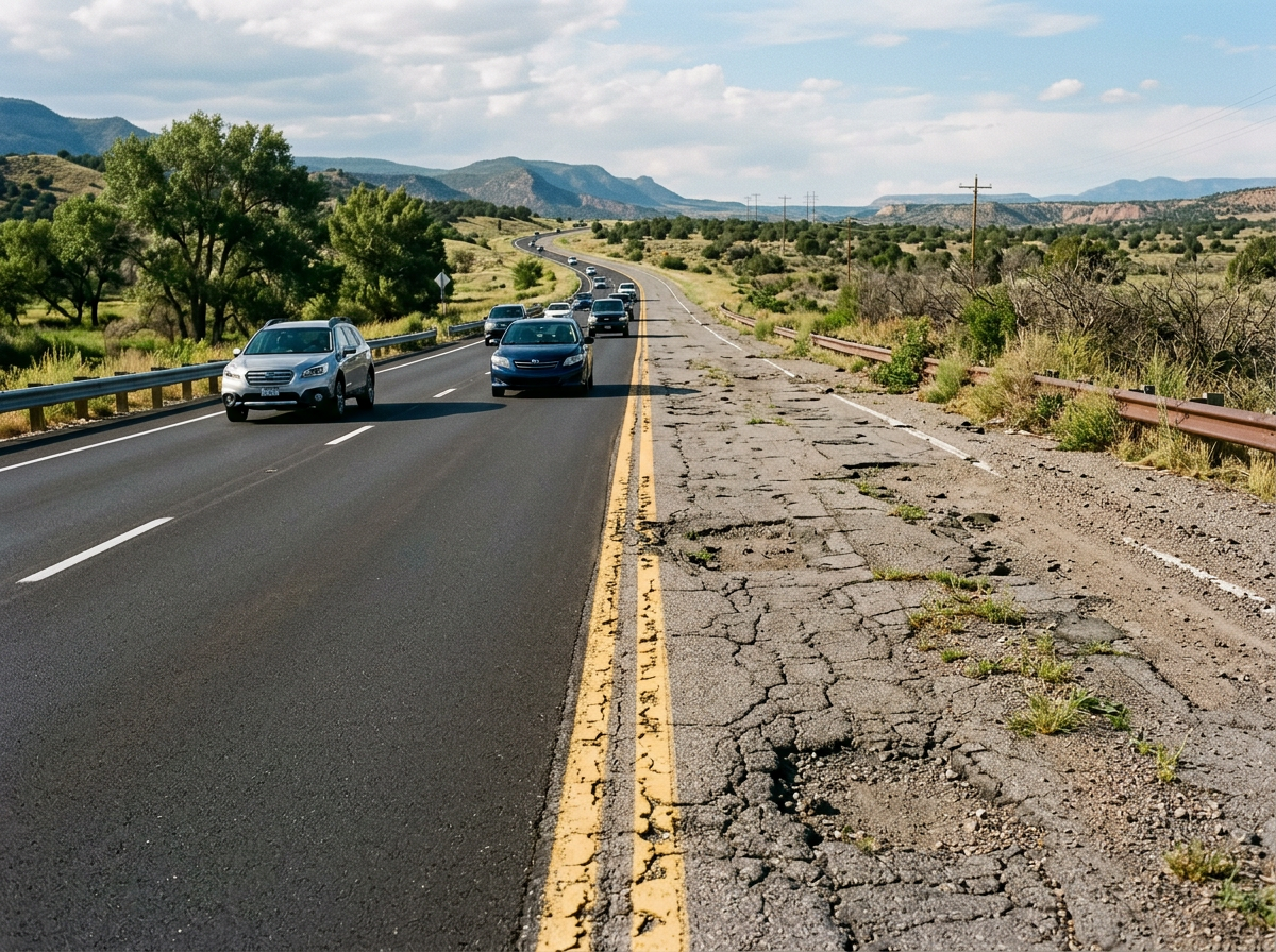 Two-lane highway with smooth pavement for cars and adjacent cracked, damaged shoulder